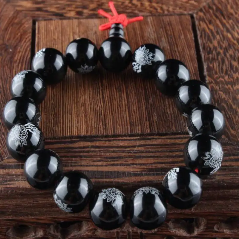 10 MM Buddha Lotus Black Agate Mala Cuff Bracelet Eco-Friendly Charm Unisex Prayer