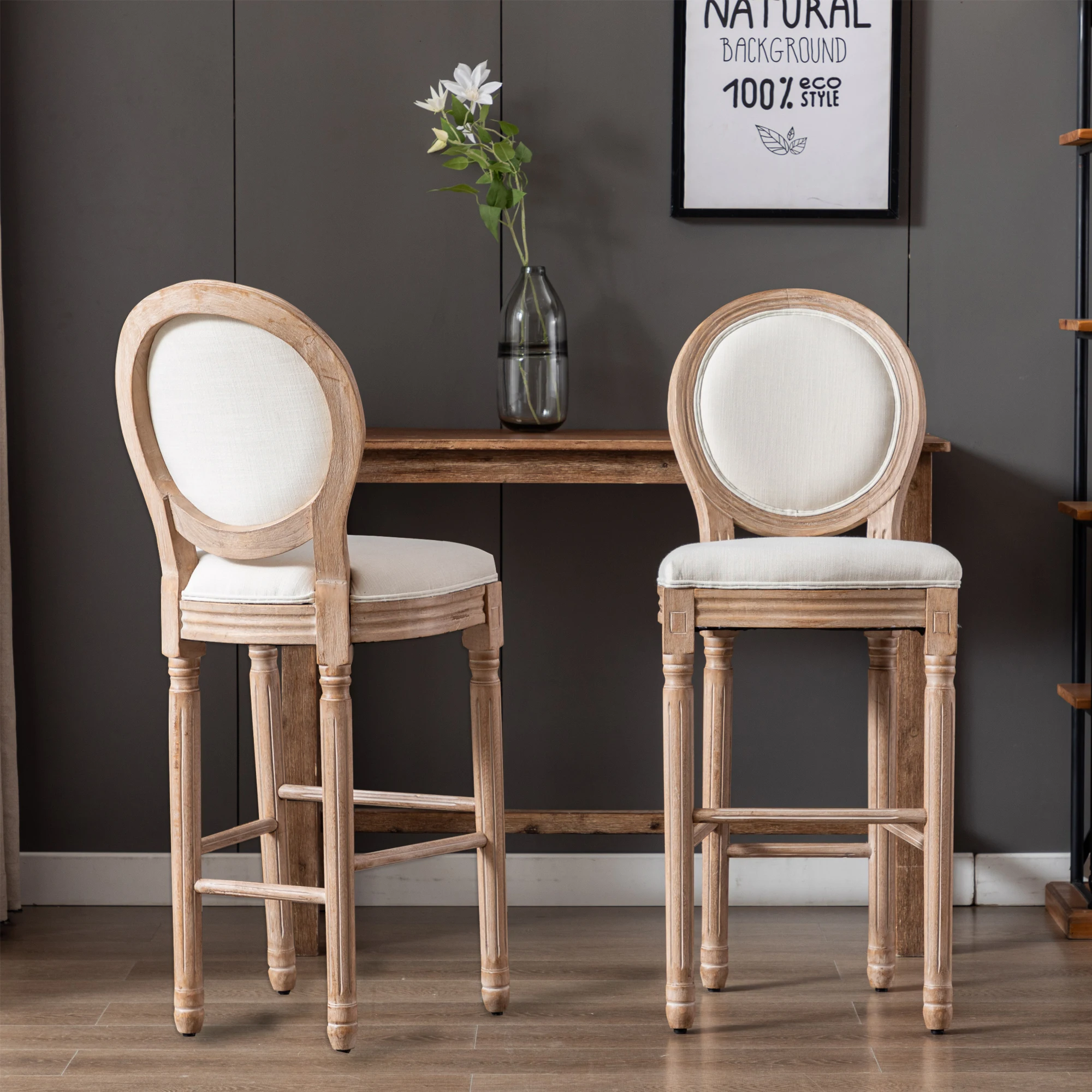 

Set of 2 French Country Wooden Barstools With Upholstered Seating Beige and Natural