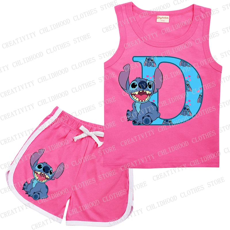 Bambini Stitch Letter A -Z Suit Sports Rose Clothes Casual Disney senza maniche Girl Boy Vest & Shorts 2 pezzi set abbigliamento estivo per bambini