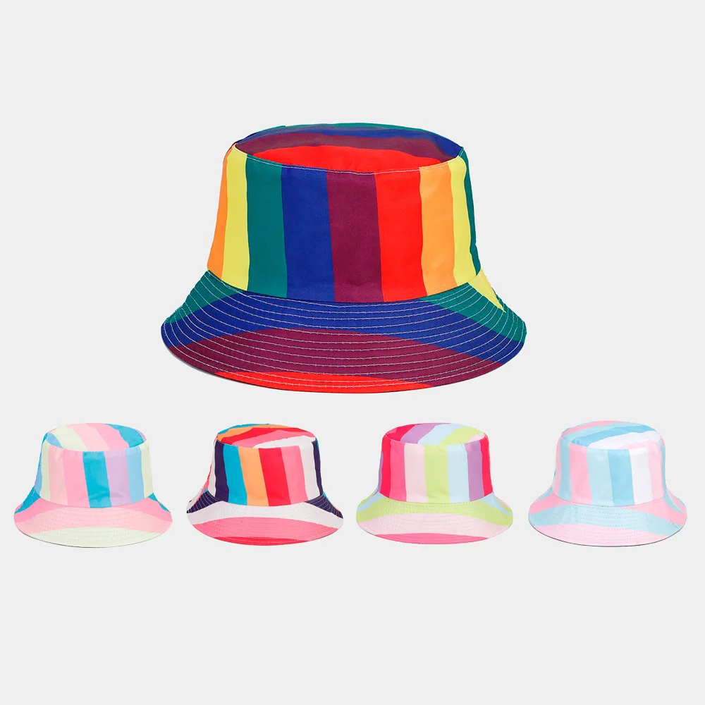 Hot New Rainbow Pattern Double Sided Fishing Hat Men Women Fashion Outdoor Fishing Tourism Sunshade Hat Basin Hat