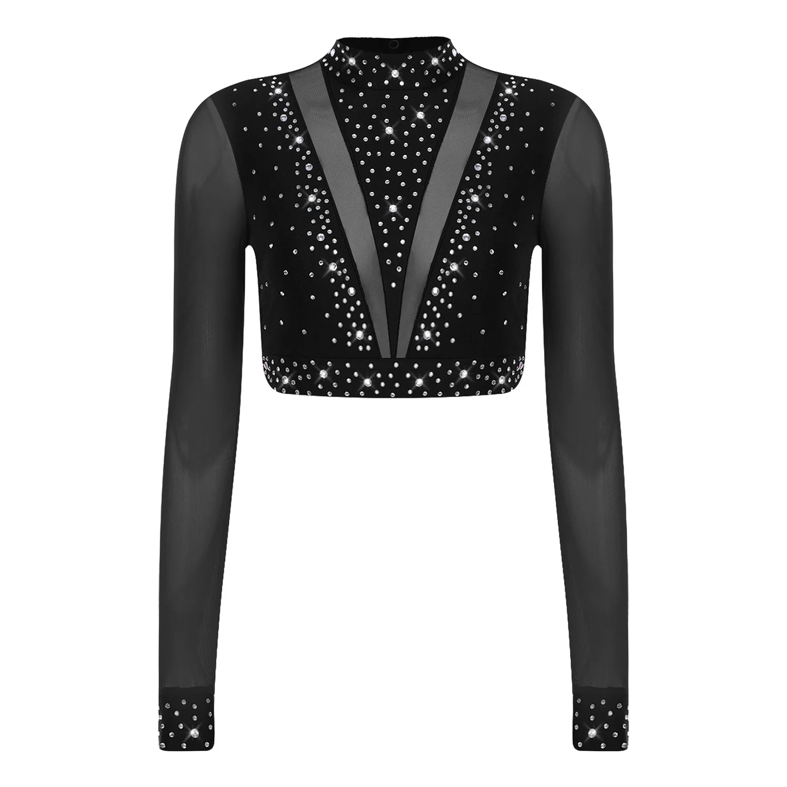 

Women Ballet Modern Dance Performance Costume Rhinestones Gymnastics Cropped Tops Sheer Mesh Long Sleeve Hollow Out Dance Shirts