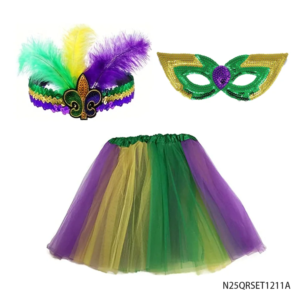 PESENAR Mardi Gras Costume Set Feather Headband Sequin Mask Tutu Skirt Party Accessory