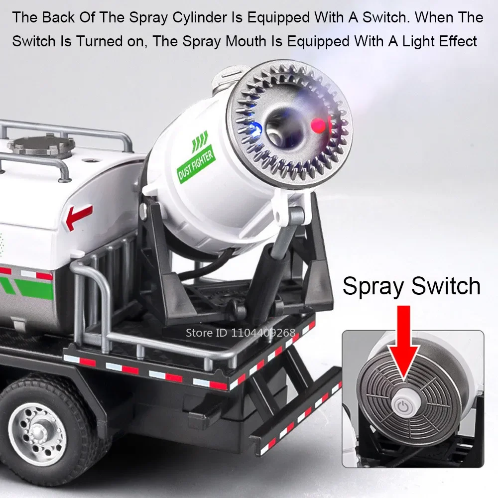 Modèle de voiture d'assainissement par pulvérisation de Suppression de la poussière 1:50, jouet en alliage moulé sous pression, feu arrière, véhicule d'ingénierie sonore, jouets pour enfants