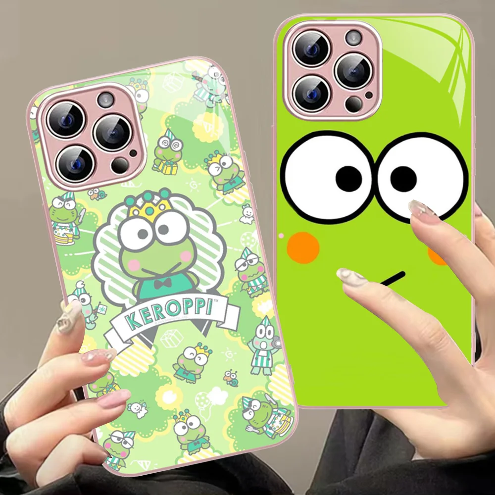 Cartoon K-Keroppi Green Frog Phone Case For IPhone 14 13 12 Mini 11 Pro XS Max X XR 14 Plus Tempered Glass Cover