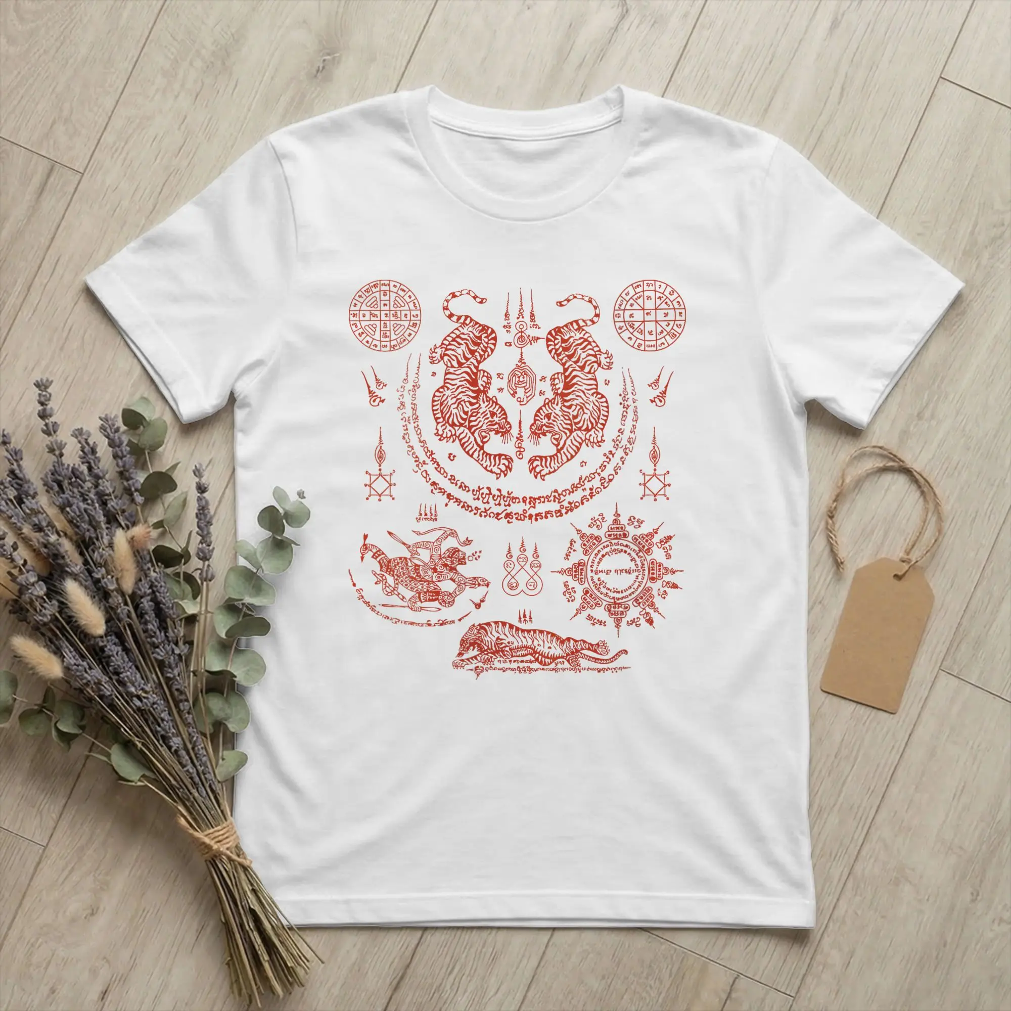 Men's Sak Yant Twin Tigers Paed Tidt Thailand T Shirt 8 Directions Cotton merchandise Short Sleeve Round Neck Tee Shirt T-Shirts