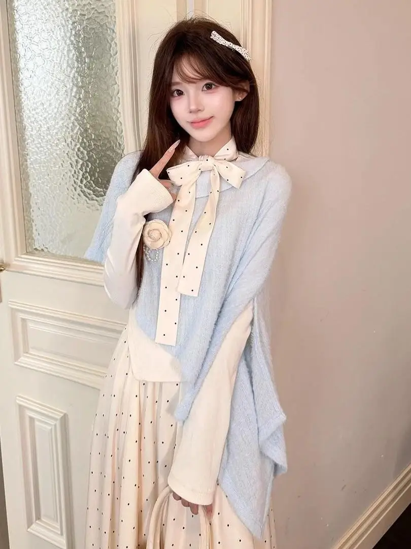 Autumn Winter 2026 Elegant Knitted Set High Waist Polka Dot Half Skirt Two Piece Suite Soft Polyester Long Sleeve Loose Fit D...