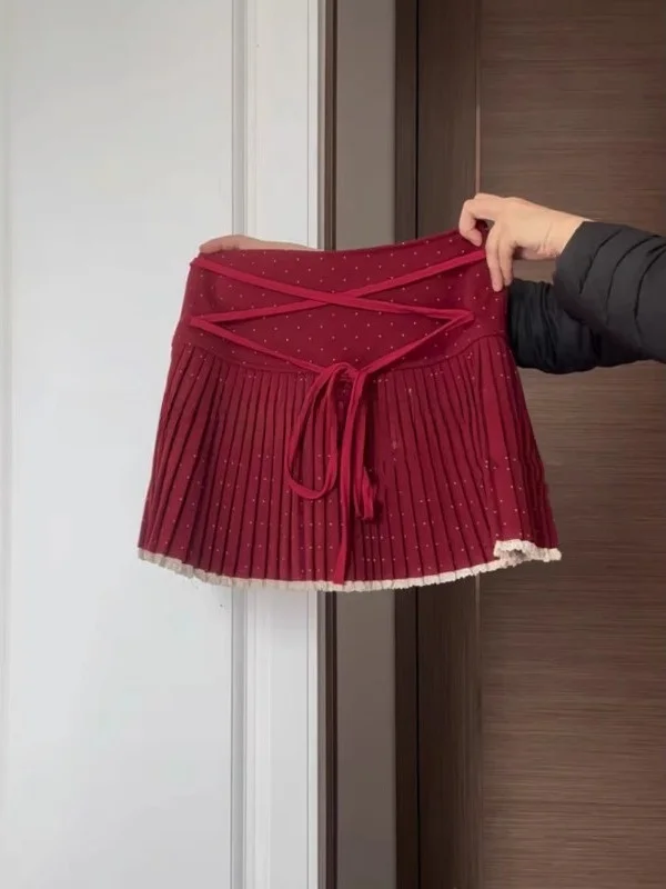 

Red High Waist A-Line Skirt Women's Autumn Winter Vintage Cheered Pleated f-length Slimming Skirts Korean Sle Commute
