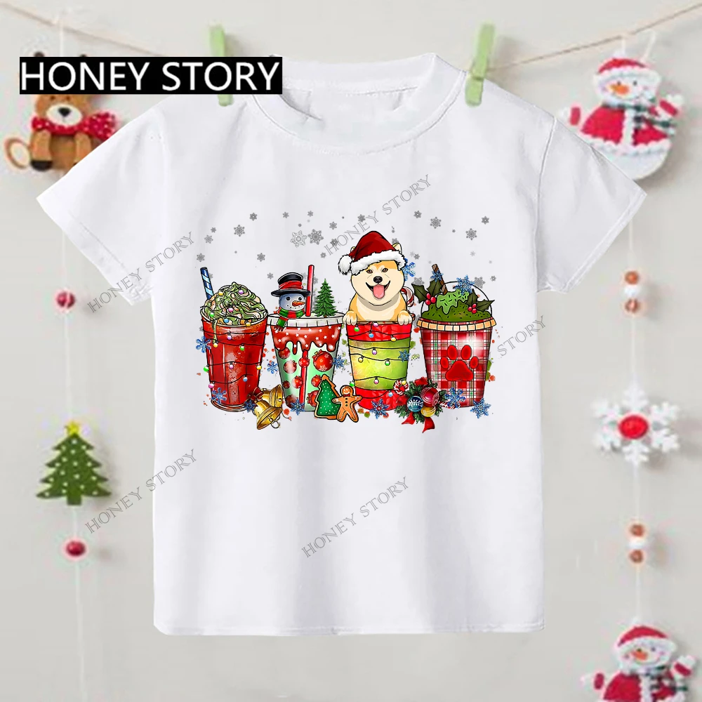 Merry Christmas Kids TShirt Christmas Coffee Dog Kids Casual Short-sleeved T-shirt for Kids Girls Clothes