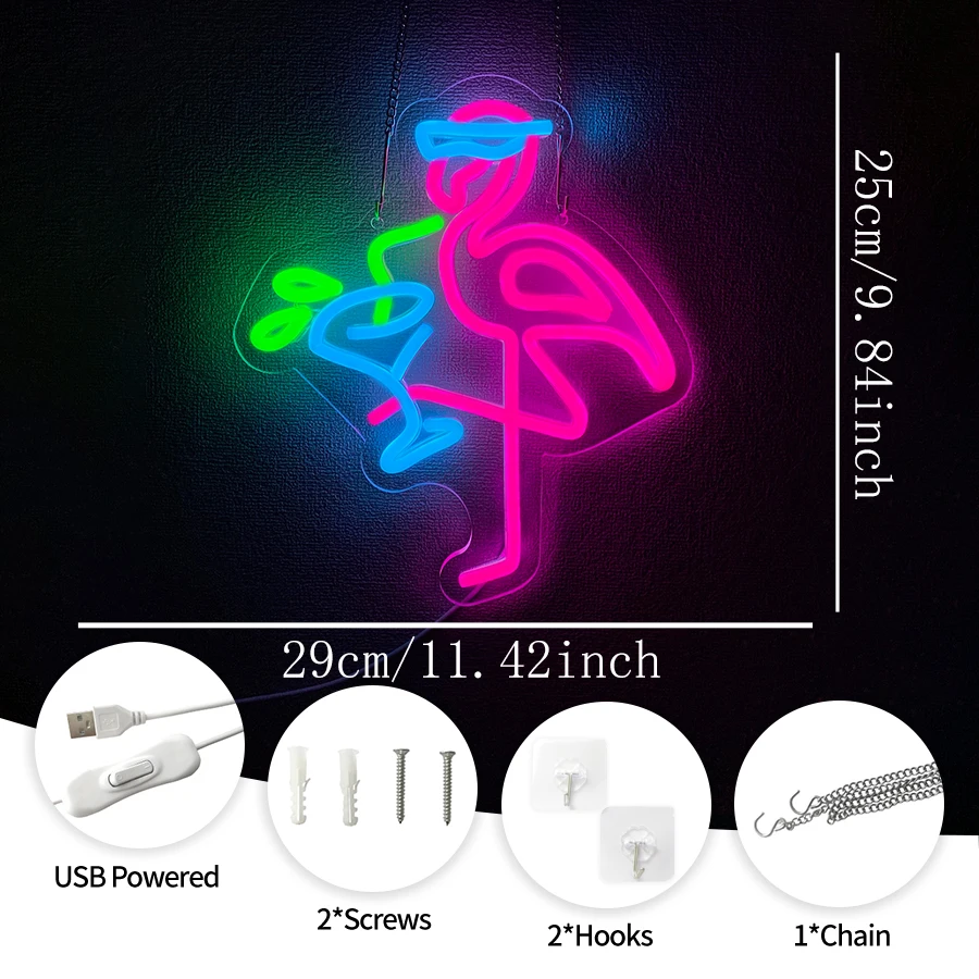 Bar Led Neon Signs, Cocktails And Flamingo Icons, Powered By Usb, Used For Artistic Decor Of Beer Bars, Clubs And Man Caves.