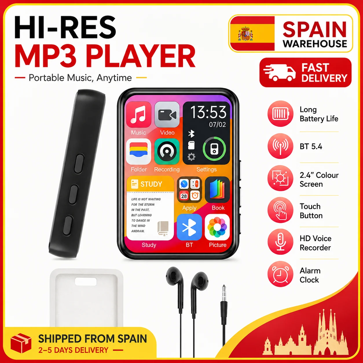 2,4-Zoll-Touchscreen-MP3-Player mit Bluetooth 5.4, HiFi-Sound, eingebautem Lautsprecher, E-Book-Reader, Musik-Walkman für Sport und Reisen