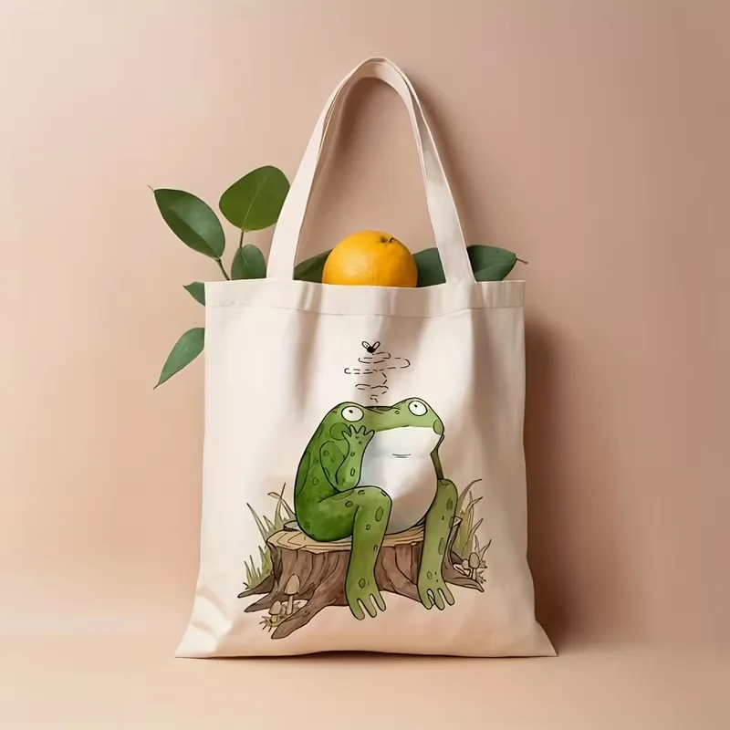 

Cute Frog Sitting on Tree Stump Print Canvas Tote Bag, Reusable Grocery Bag, Perfect Gift for Animal & Nature Lovers, Daily Use