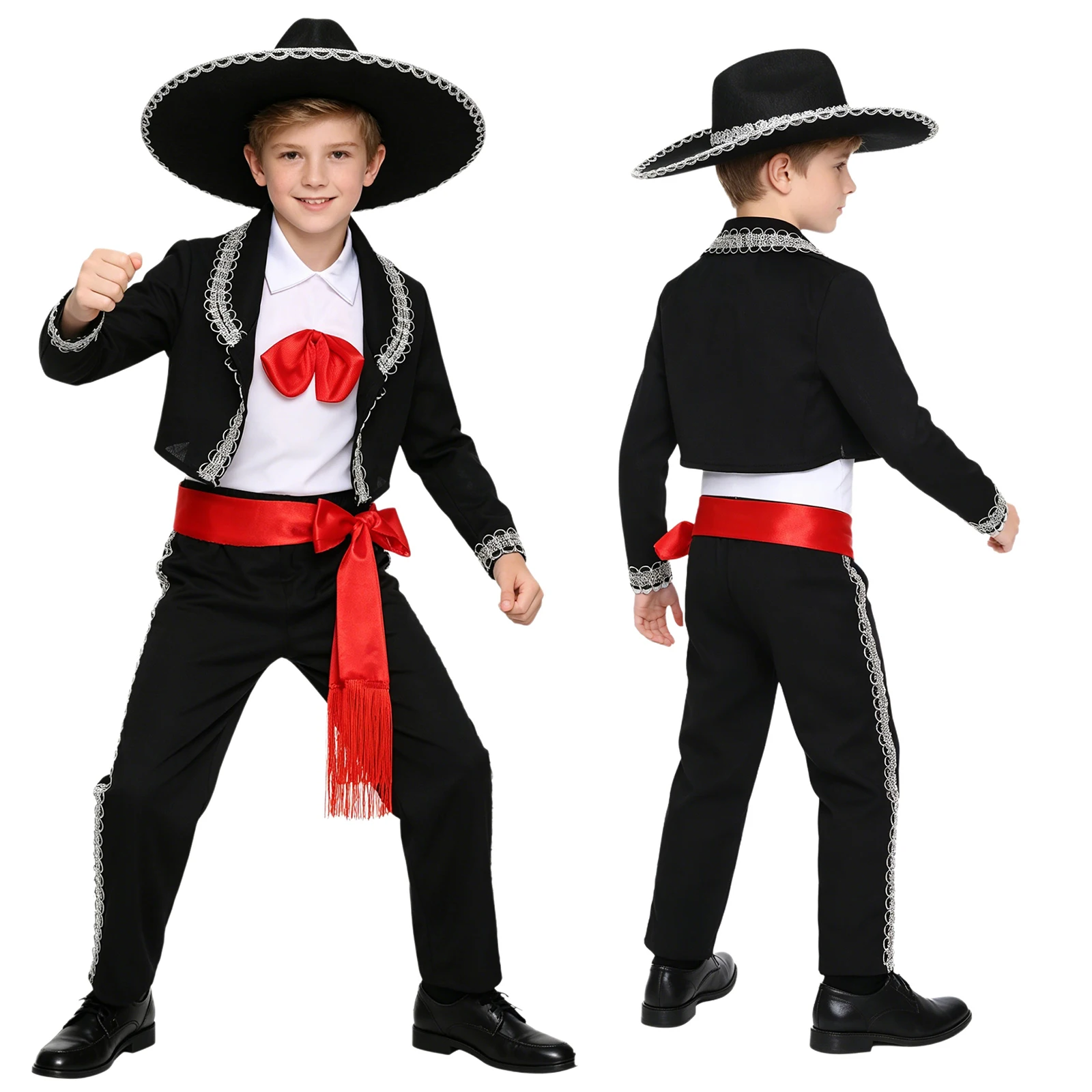 Kids Boys Mexican National Costume Sombrero Children Traditional Set Day of The Dead Vest Pants Jacket Waistband And Hat Outfits