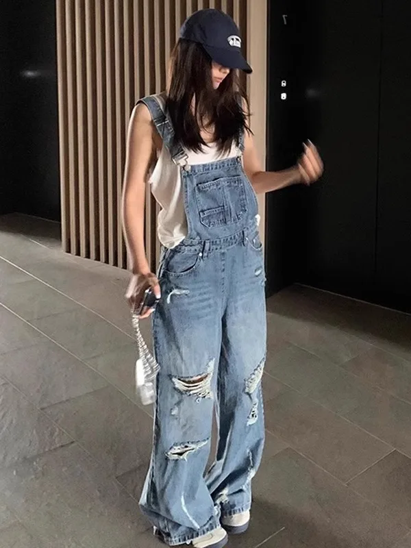 Retro Hong Kong Sle Women's Denim Overalls Summer 2025 Loose High Waist Straight Leg Wide Leg Pants Korean Version