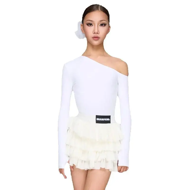 Vestidos de baile latino Samba para niños, traje de competición de baile latino para niñas, Top con hombros inclinados, falda para pastel, traje de actuación SL14054