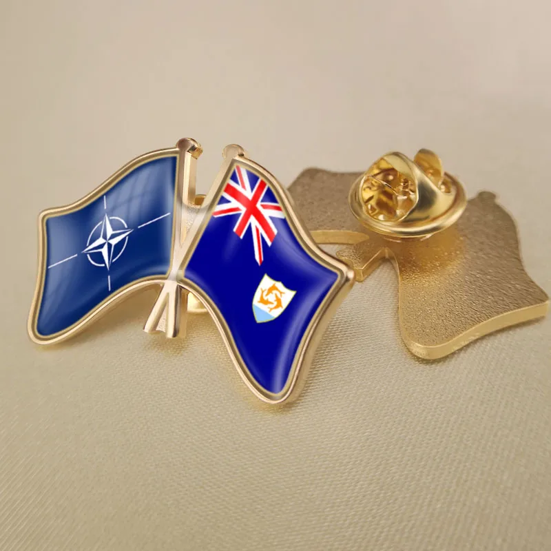 

North Atlantic Treaty Organization NATO and Anguilla Crossed Double Friendship Flags Lapel Pins Brooch Badges