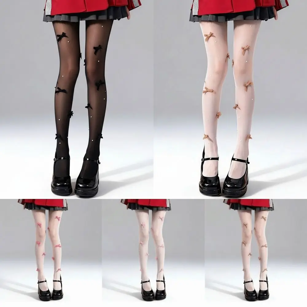 Thin Sweet Butterfly Knot Pearl Stockings Velvet Bow Breathable Fabric Pantyhose Pearl Embroidery Leg Shaping Tights Base Layer