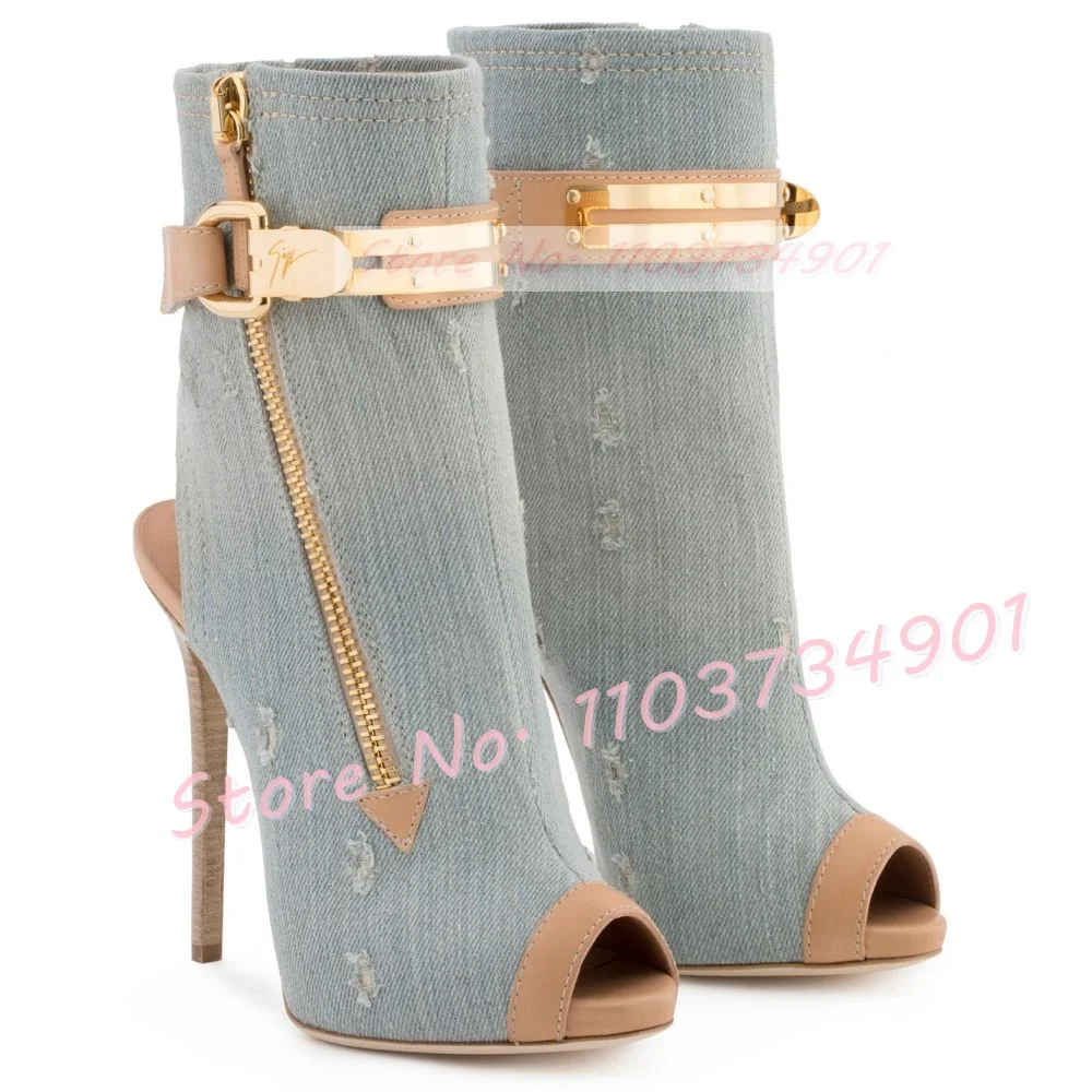 Denim Leather Bare Heel Peep Toe Boots Women Fashion Zipper Decor Mid Calf High Heels Shoes Female Lady Solid Stiletto Boots