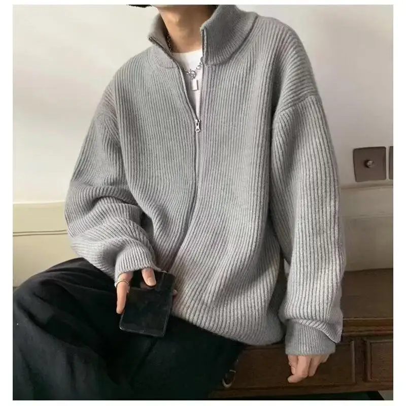 

Spring Autumn Men's Stand Collar Open Cardigan Sweater Casual Spor Knitted Outerwear Set Loose Fit Long Sve Polyester