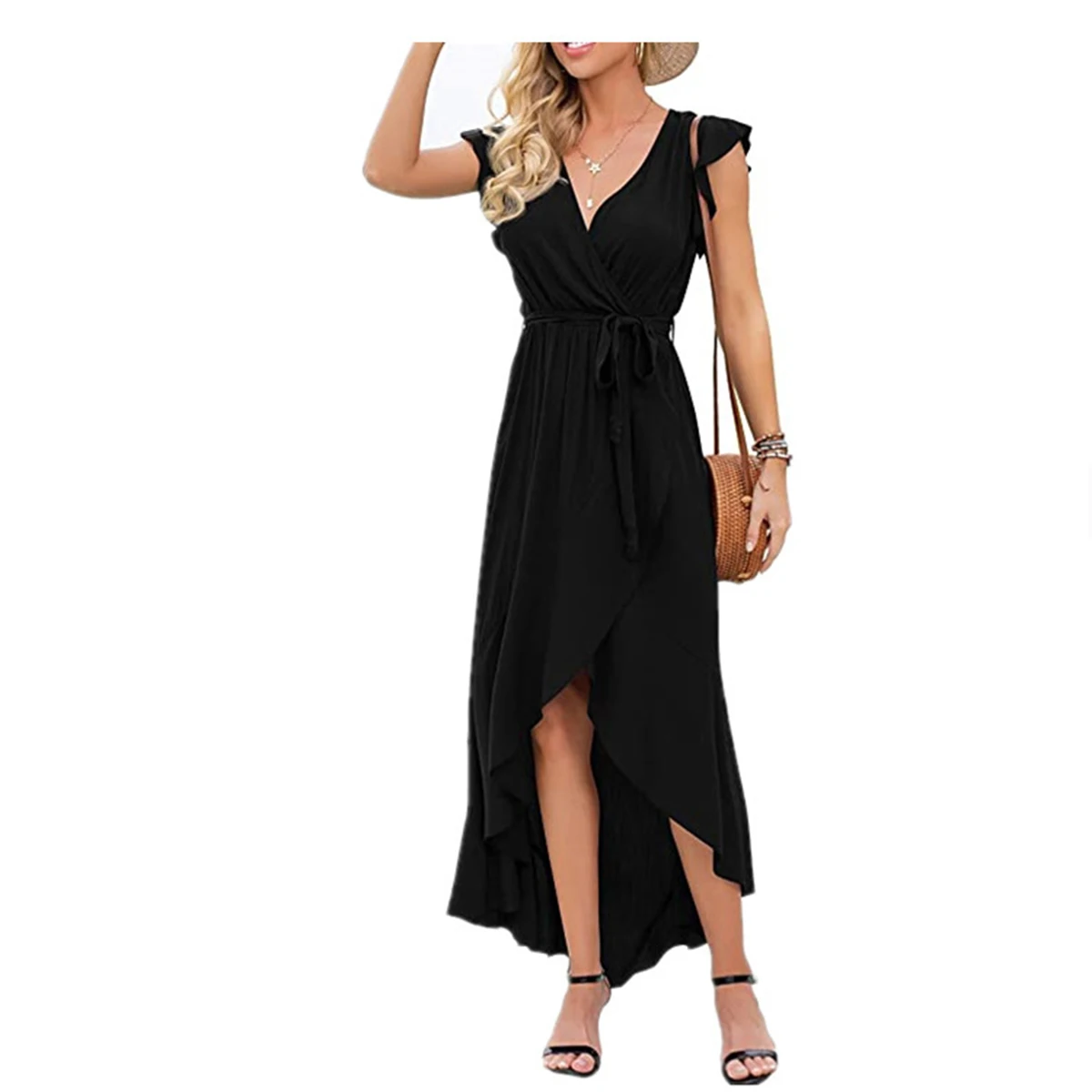 New Fashion Women's Summer Sexy Casual Longuette V-neck Bandage Irregular Big Swing Solid Color Temperament Dress