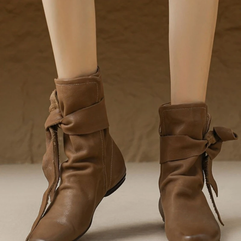 

Autumn Winter Soft Leather Lace-up Women Ankle Boots Comfortable Flats Short Booties Fashion Bowknot Chelsea Boots Shoes Botas
