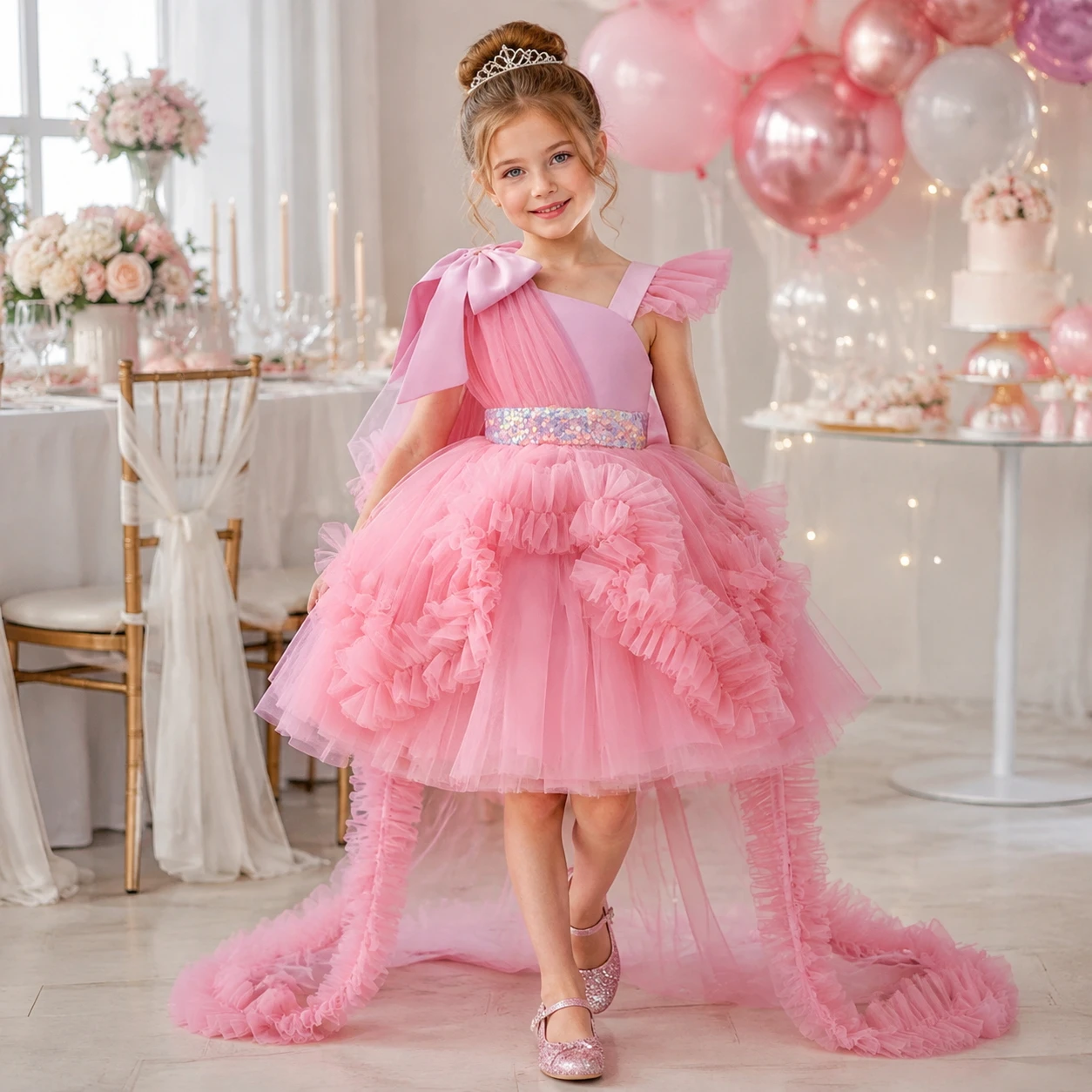 New Sequined One Shoulder Trailing Dress Flower Girl Wedding Dress Lace Chiffon Princess Dress Graduation Party Evening Dress