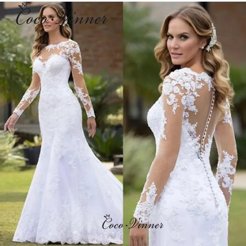 ภาพลวงตากลับปุ่มอเมริกา Boho ชุดเดรสเมอร์เมดสําหรับผู้หญิงที่กําหนดเองลูกไม้เย็บปักถักร้อยสุทธิชุดเจ้าสาว W1070