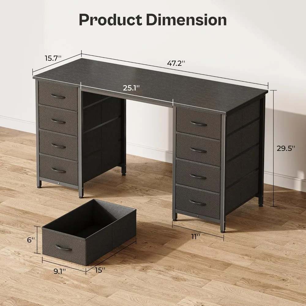 47 Inch Large Fabric Drawer Computer Desk for Home Office, Study, and Gaming with 8 Storage Drawers