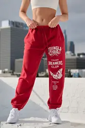 Calça de moletom americana para academia, fitness, corrida, treinamento, algodão, lã, estampada, borboleta, dança, rosa, pés agrupados