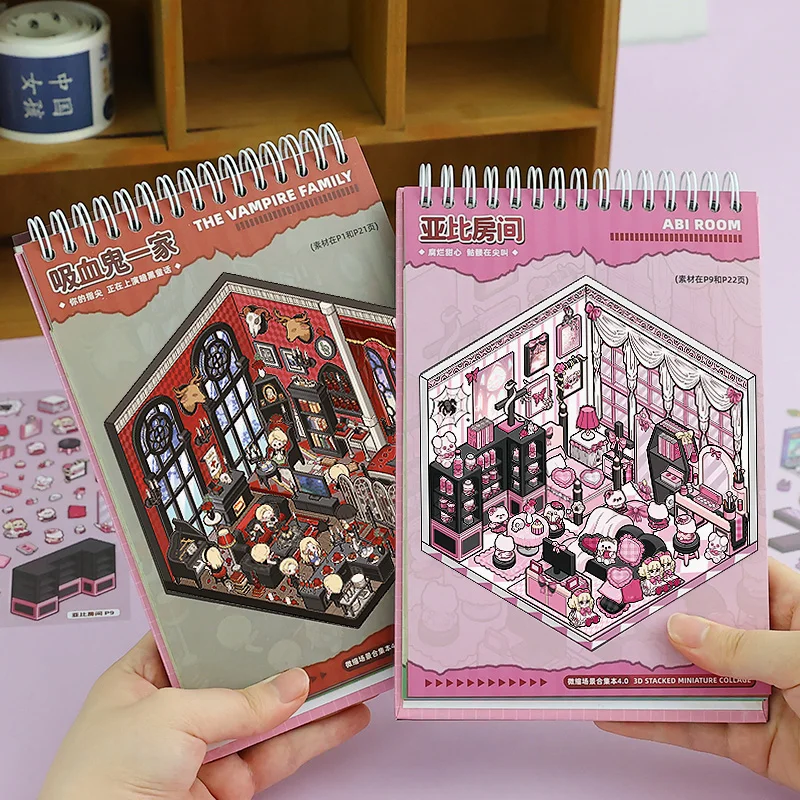 Mr. Paper 1 Sticker Book + 1 Tweezer, Miniature Scenes Cartoon Landscape Collection 4.0 Gothic Theme DIY 3D Sticker Cabin Scenes