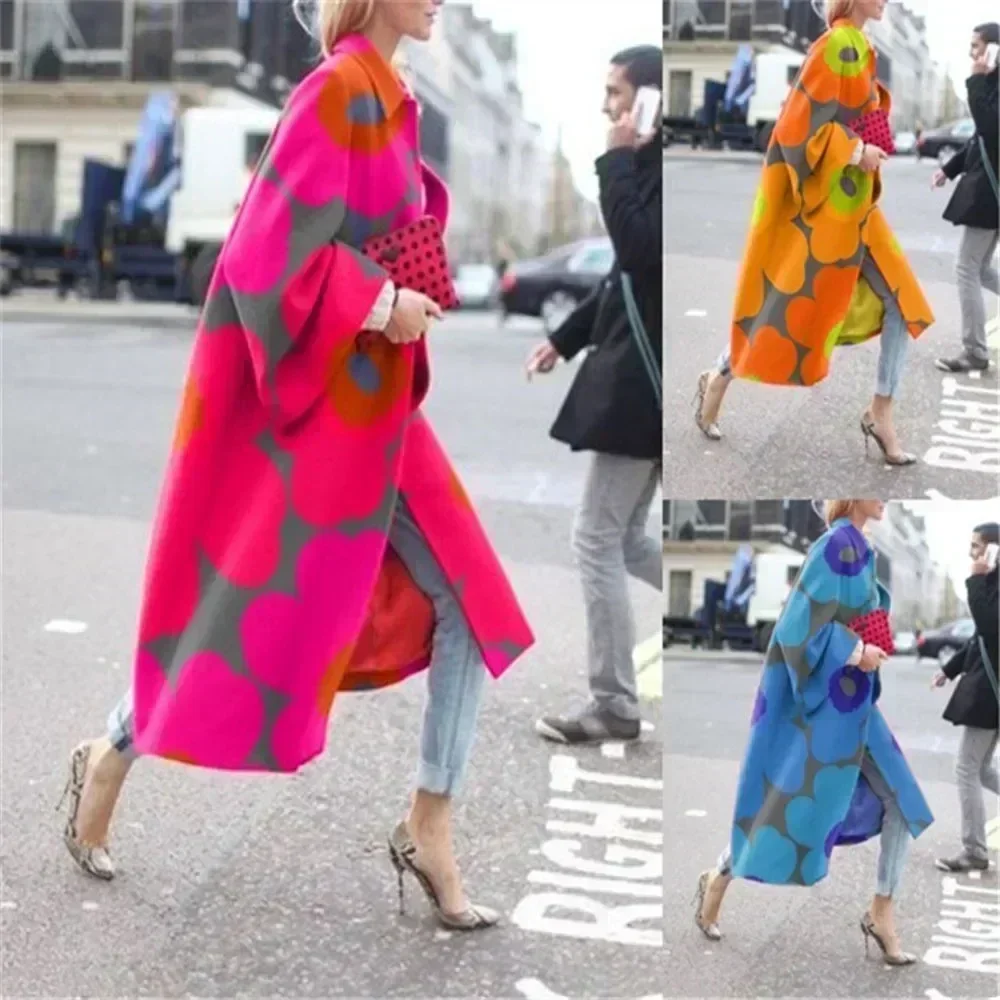 

Autumn Winter New Jacket Long Flared Sleeve Coat Loose Vintage Print Trench Casual Fasion Hot-selling Large Size Outweat
