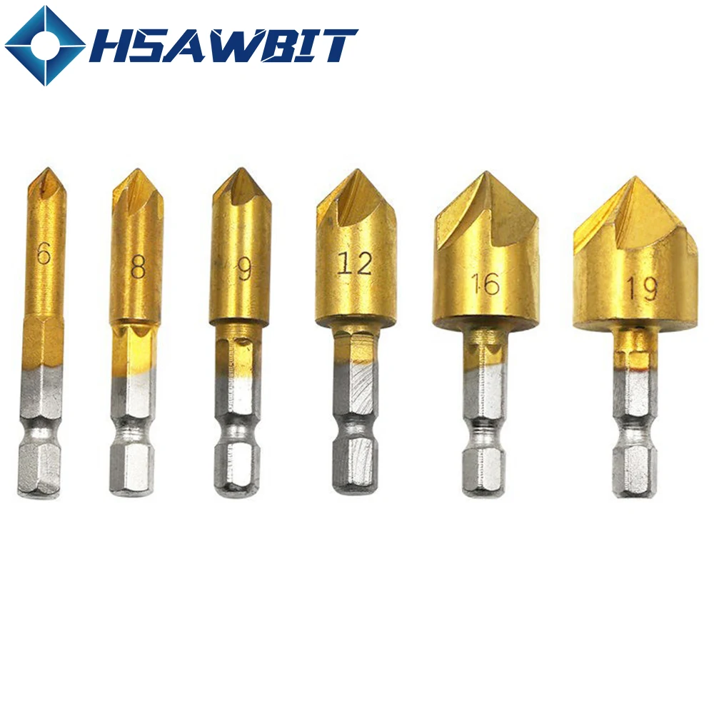 6mm-19mm 6Pcs Five-blade Chamfer Drill Bit Set 1/4 Inch Hex Shank HSS Titanium 5 Flute Countersink Wood Hand Tools Chamfering