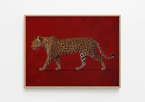 Pintura al Óleo de Leopardo Rojo - Póster Enmarcado, Arte de Pared Estilo Old Money, Obra de Arte Vintage Borgoña, Impresión Maximalista, Decoración Masculina de Lujo
