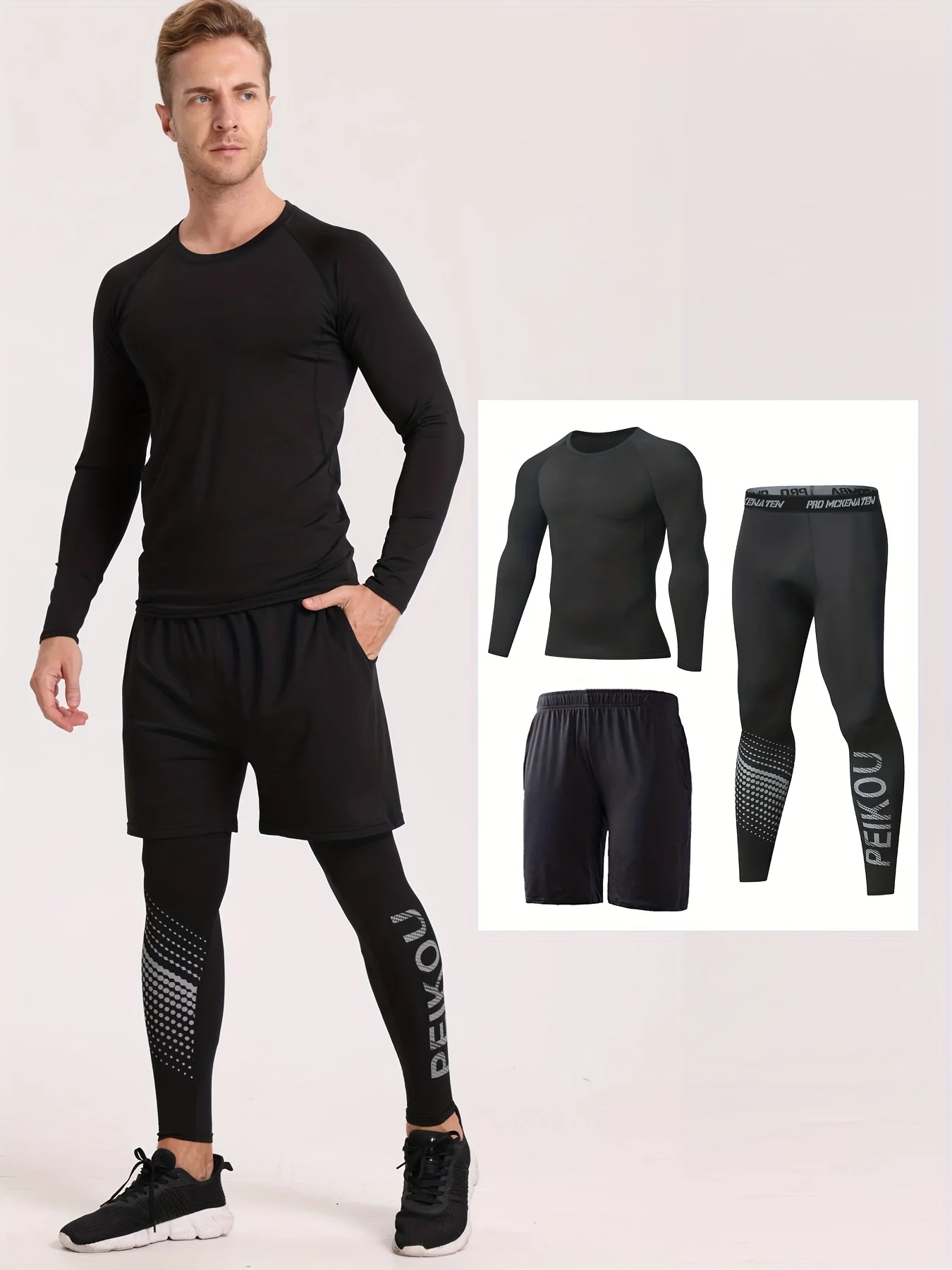 

Мужской топ из трех предметов с длинными рукавами и круглым вырезом, длинные рукава, шорты и колготки, компрессионный спортивный костюм