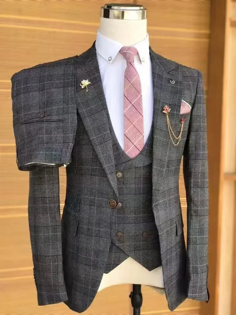 2024 Business Fit Blue Plaid Striped Men\'s Suit 3-piece Best Man Wedding Dress New Men Clothing Suit Men Wedding Suits for Men