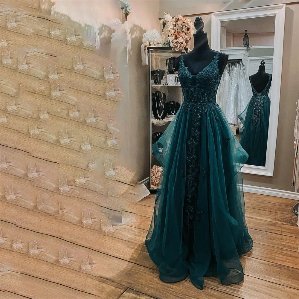 

Lily Green Tulle Chic Woman Evening Dress Gown A-Line Ball Gown Spaghetti Strap Lace Layer Night Dresses Gown robes de soirée