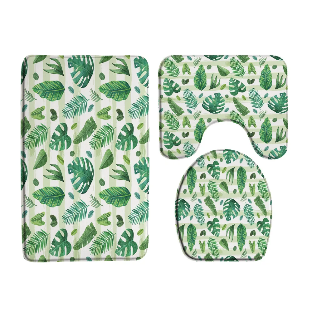 3Pcs Bath Rug Sets Toilet Seat Cover Tropical Plant Green Banana Leaves Contour Carpet Pedestal Mat Non-Slip Bathroom Floor Mat