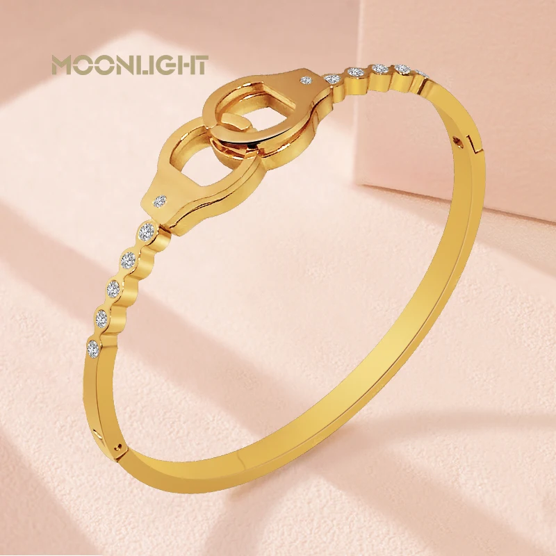 

High Quality Stainless Steel Handcuff Bracelet For Women Classic Golden Lock Bangles Cubic Zirconia Female Fasion Jewelry Gift