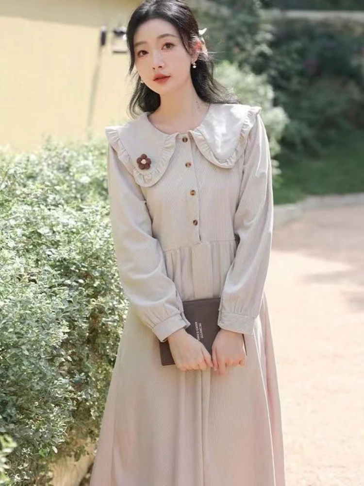 2024 Autumn Women Solid Coffee Doll Collar Long sleeved Fashion Corduroy Dress A-line Skirt