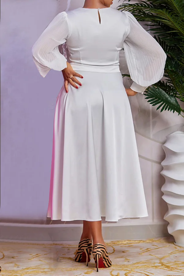 Summer Elegant Satin Pleated Maxi Part Dress Women Casual Solid Ruched Lantern Sleeve Evening Holiday Birthday Long Dress Women