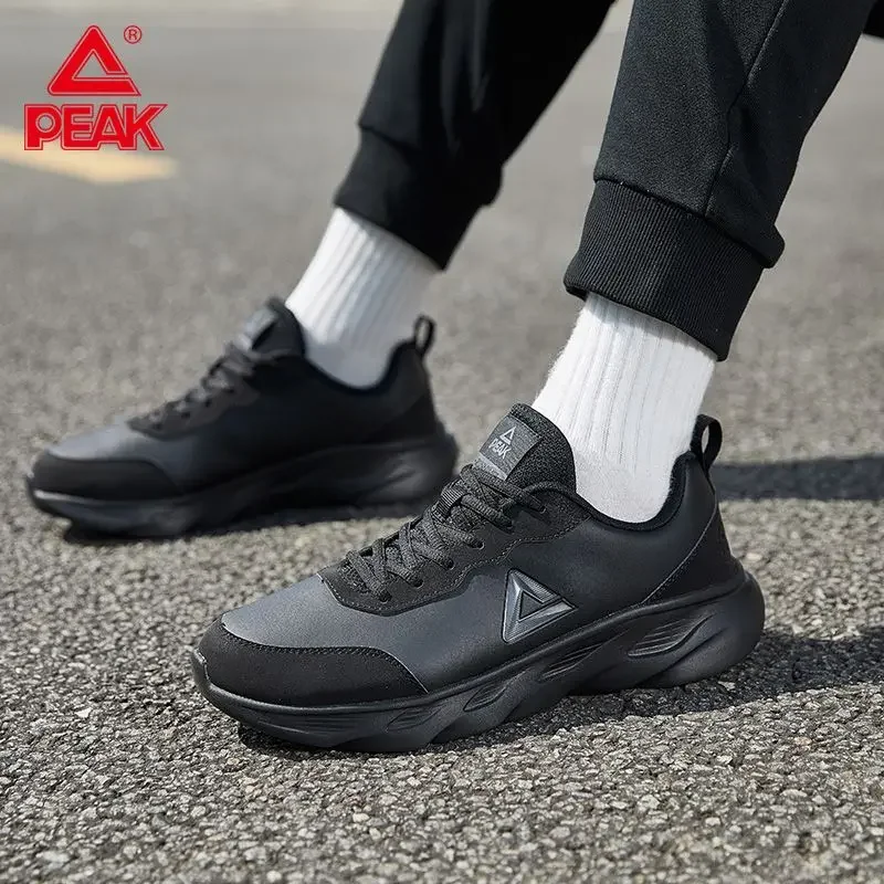 PEAK Men's Running Shoes Autumn Leather Waterproof Casual Shoes Genuine Black Health Sneakers Shoes for Men with Free Shipping