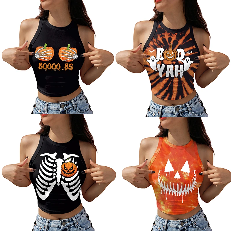 

Women Vest Halloween Party Tight Elastic Short Tank Top For Women Summer Y2K Gothic Top Pumpkin Skull Printing Streetwear