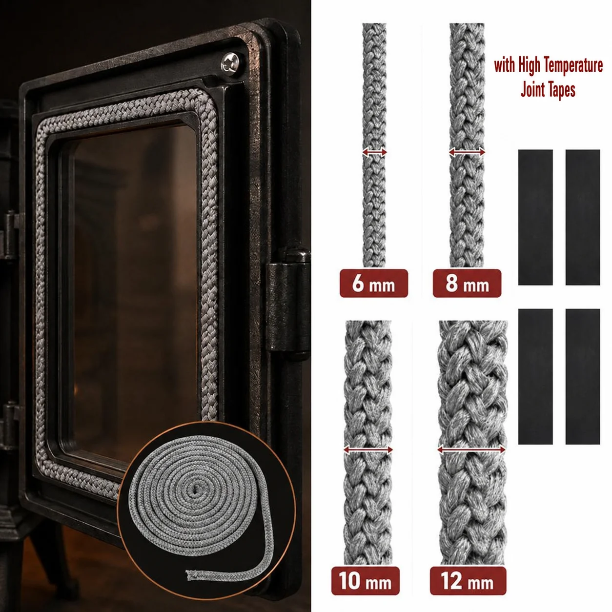 Fireplace Seal Cord Fireplace Refractory Gasket Stove Firewood Cord 6/8/10/12mm Fiberglass Rope Gasket for Fireplace and Stove