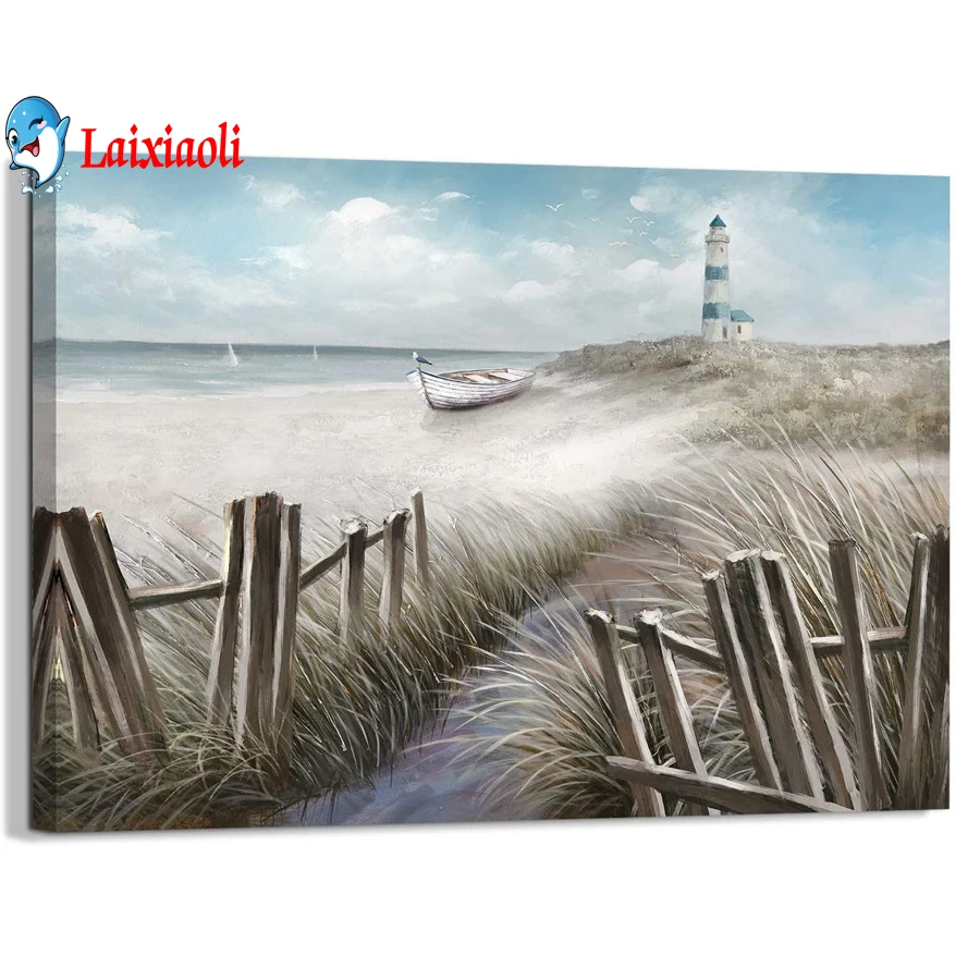 

Ocean seascape blue Diamond Painting lighthouse landscape 5D puzzle DIY Full Circle square Wave Diamond Mosaic Home Decor Gift