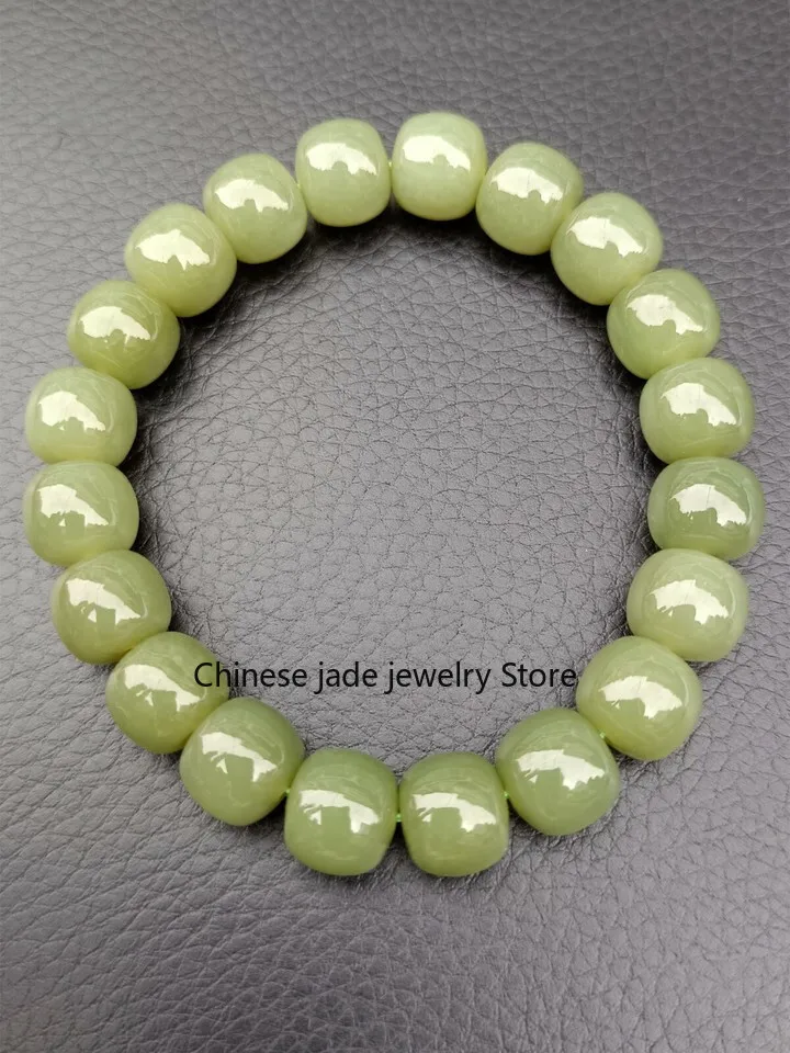 True Hetian Jade Bracelets Green Jade Hand Strings Bead 9*10mm+Certificate+Box