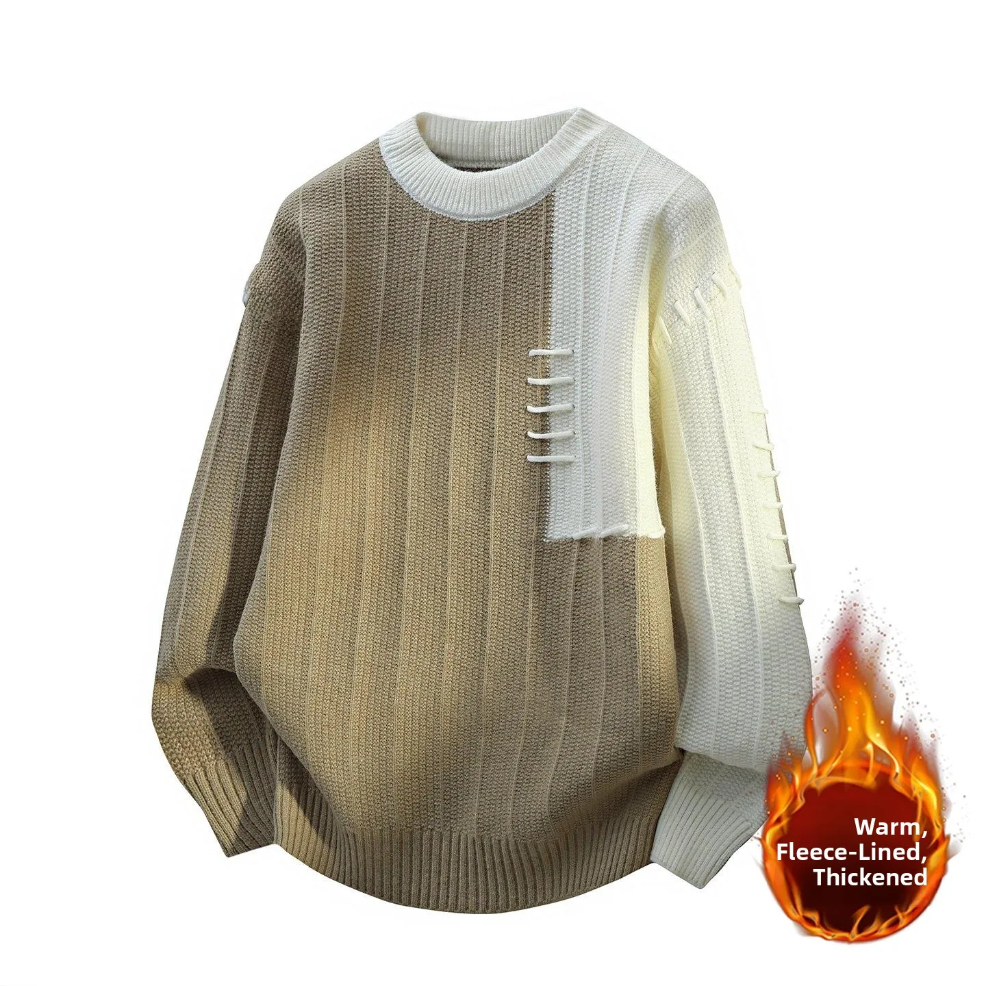 

Мужской вязаный свитер с круглым вырезом, утепленный флисом, в стиле колор-блок, зимний, модный, свободного кроя, удобный трикотаж