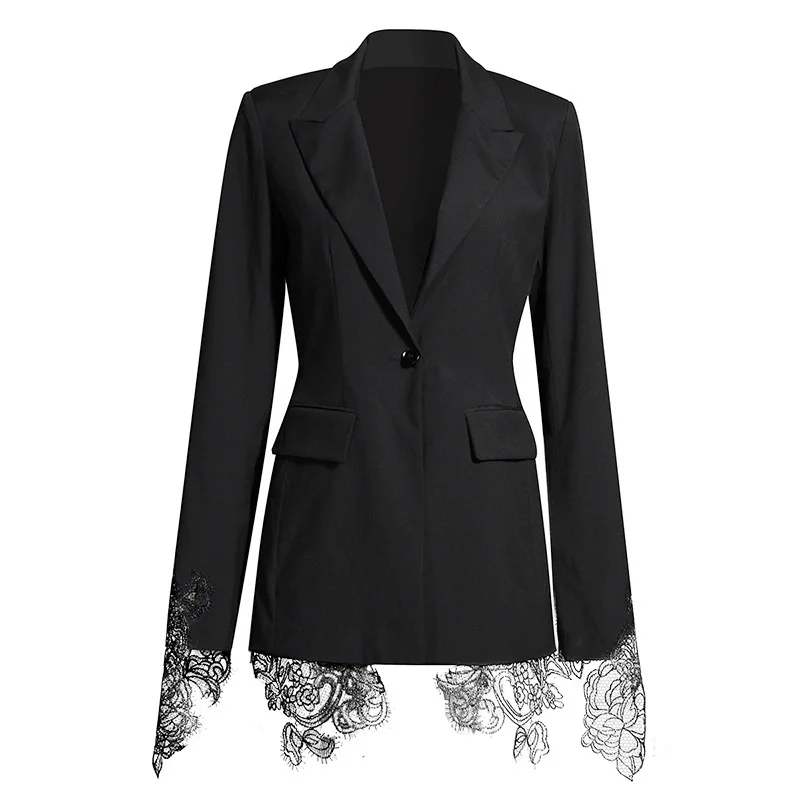 TWOTWINSTYLE Solid Patchwork Lace Blazer For Female Notched Collar Long Sleeve High Waist Slimming Casual Blazers Fashion New