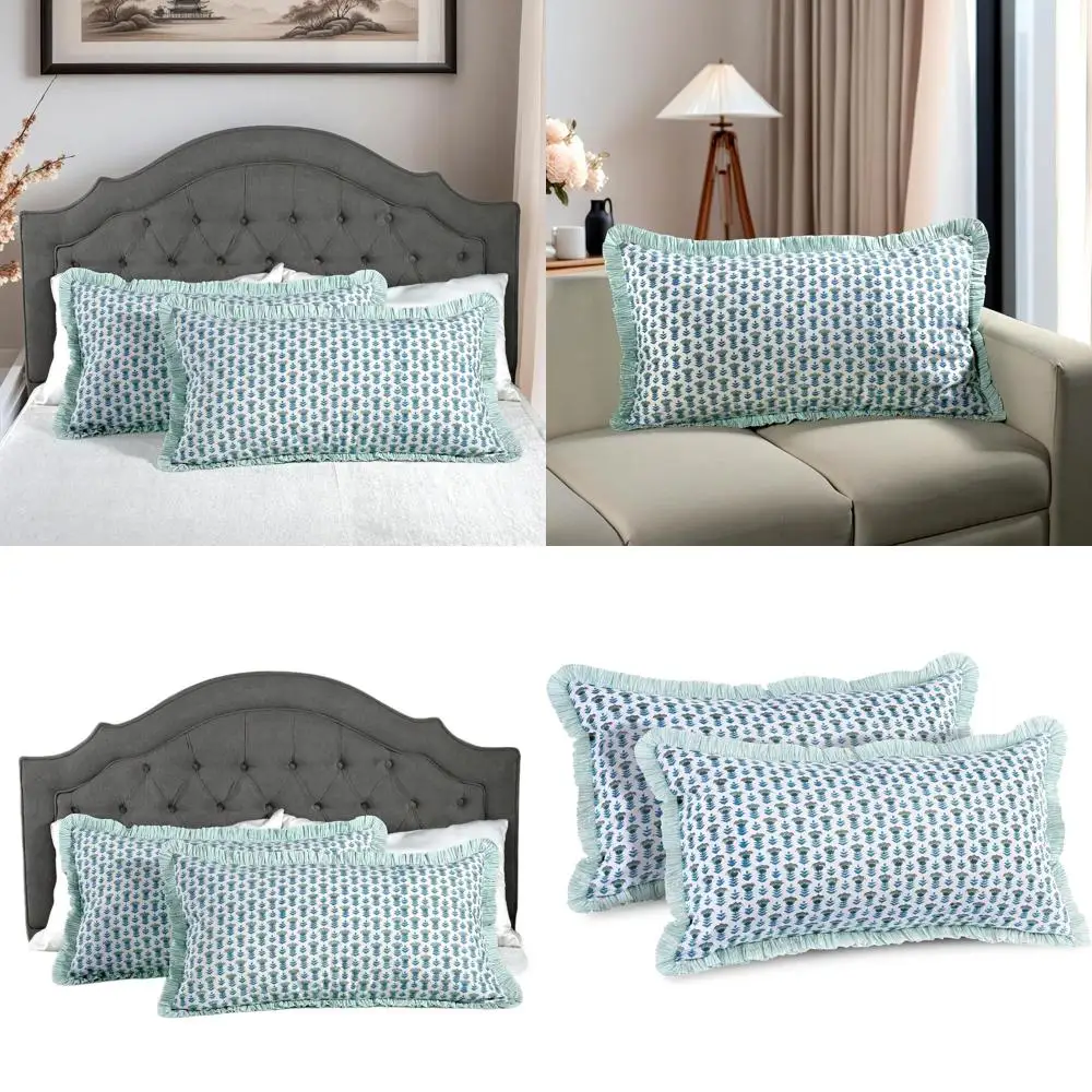 

Наволочка из 100% хлопка с аквамариновым блочным принтом, 20x36, в богемном цветочном стиле, для декора спальни в стиле коттеджкор, идеально подходит для