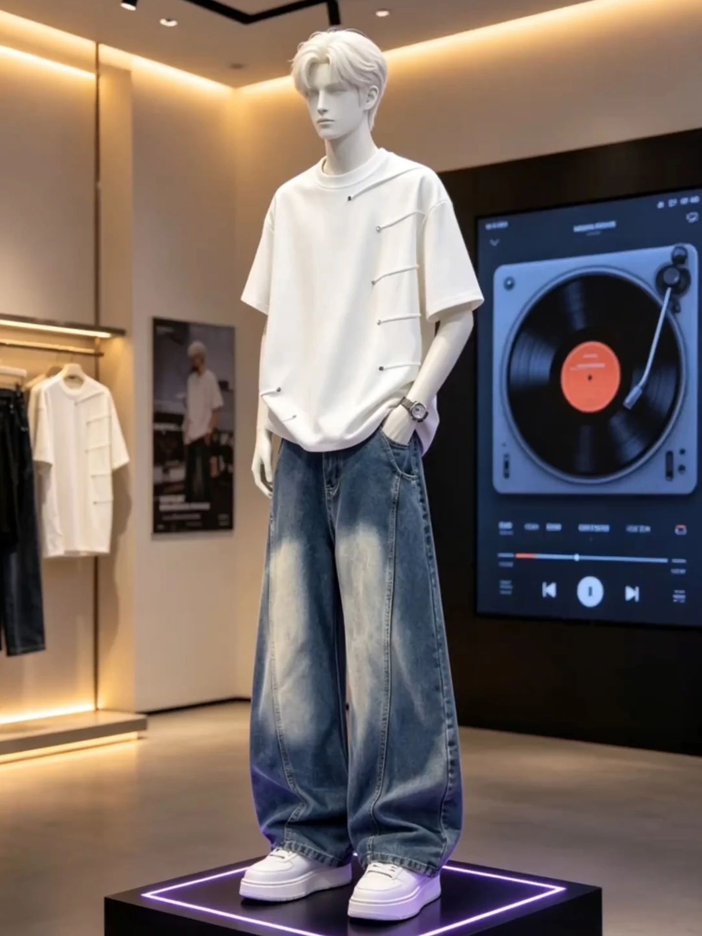 Cool Trendy Male Summer Outfit Brand Rivet Pleated T-shirt Oblique Knife Jeans Set Casual Sportswear Short Sleeve Long Pants