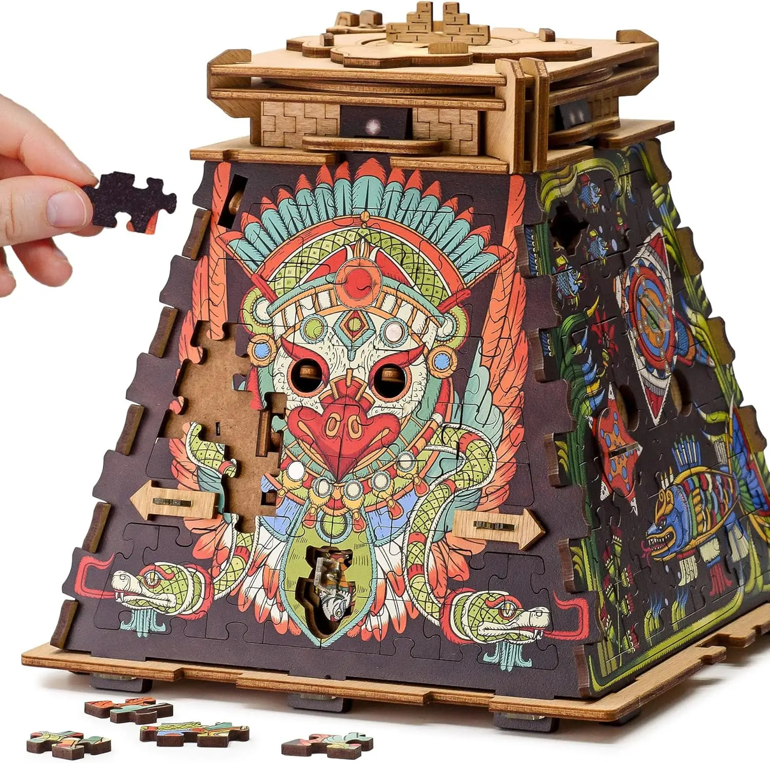 

Wooden 3D Pyramid Puzzle & Escape Room Box with Hidden Treasure, Fun Family Game for Ages 10+