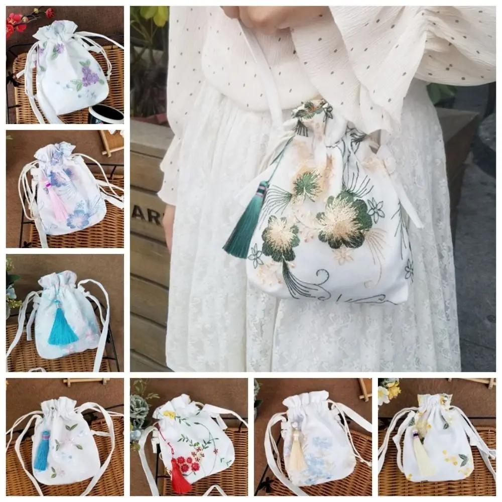 Canvas Hanfu Handbag High Quality Tassel Flower Phone Bag Chinese Style Embroidered Flower Drawstring Bag